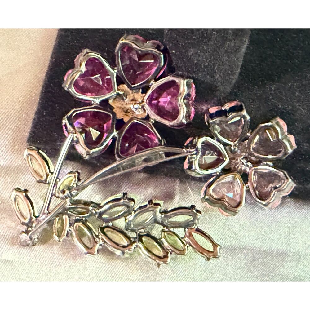 Vintage Pink Rhinestone Flower Brooch Heart Petals Green Leaves Large Floral Pin